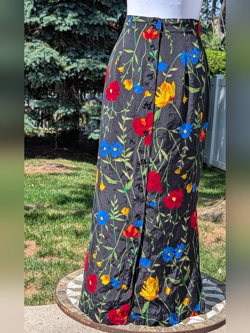 Black Button Front Womens Size 10 Maxi Floral Skirt Side Slits Garden Wedding